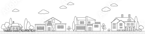 Suburban houses along the street . Set private houses in flat design style.