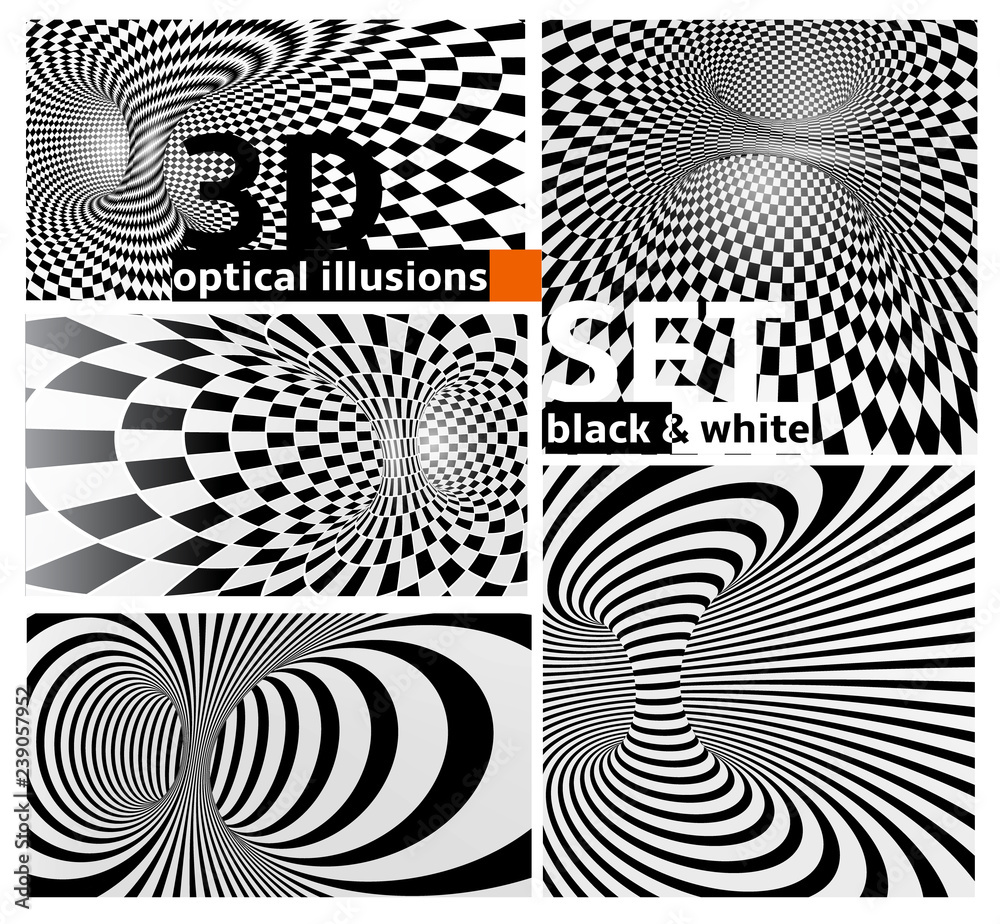 Black and White eometric Pattern Projection on 3D tunnel space. Vector Set