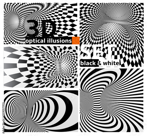 Black and White eometric Pattern Projection on 3D tunnel space. Vector Set photo