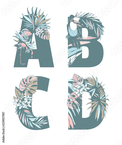 Decorative set tropical pattern letters alphabet font hand drawn floral ornament.