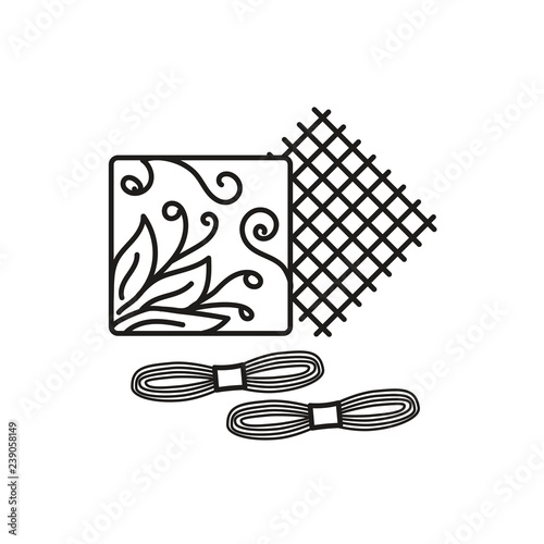 Black & white vector illustration of embroidery needlework kit with thread, fabric, pattern. Line icon of cross stitch beginner set. Isolated object