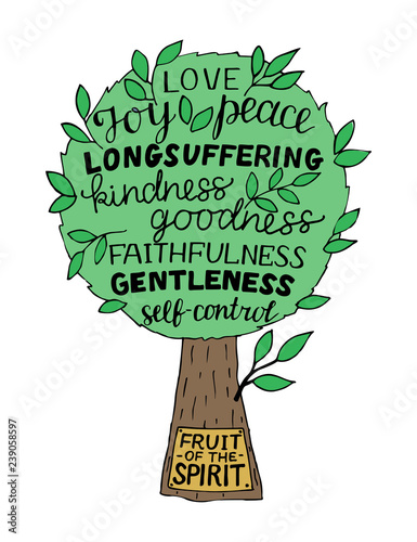 Hand lettering The fruit of the Spirit is joy, love, peace, longsuffering, kindness, goodness, faithfullness, gentleness, self-control made on tree. photo