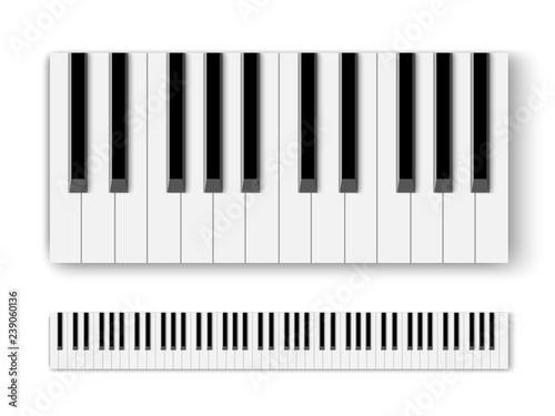Top view of realistic shaded monochrome piano keyboard.
