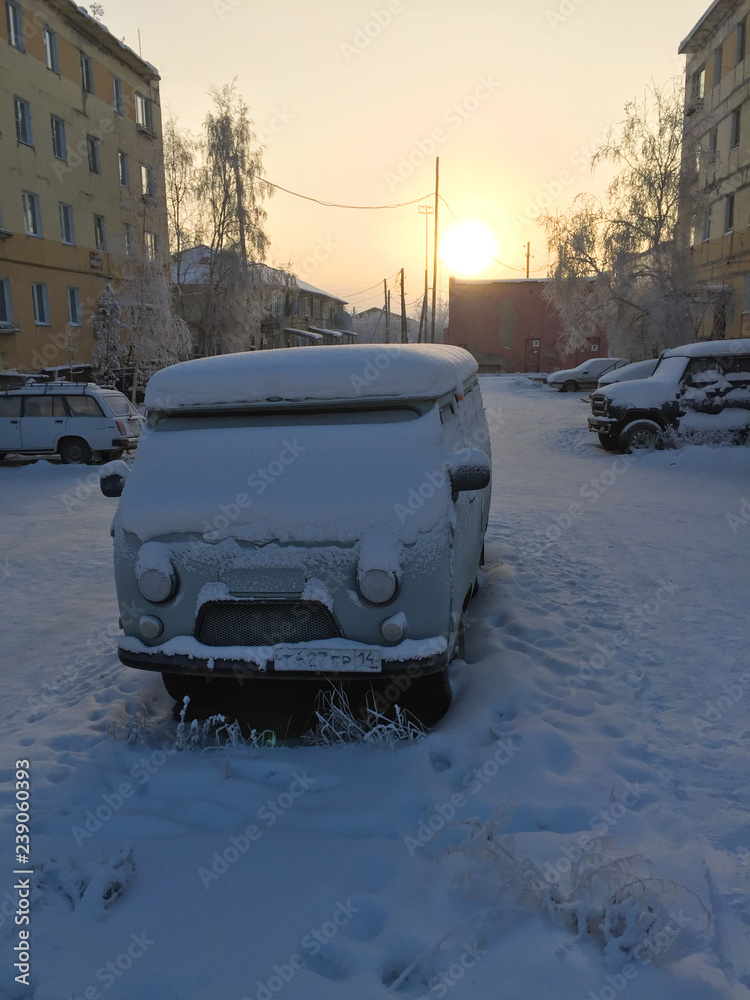 Cold winter -40 degrees Celsius, car