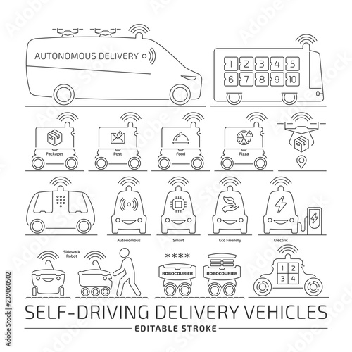 Autonomous delivery robot vehicle editable stroke line icon set. Future driverless van and truck car editing outline pictogram.