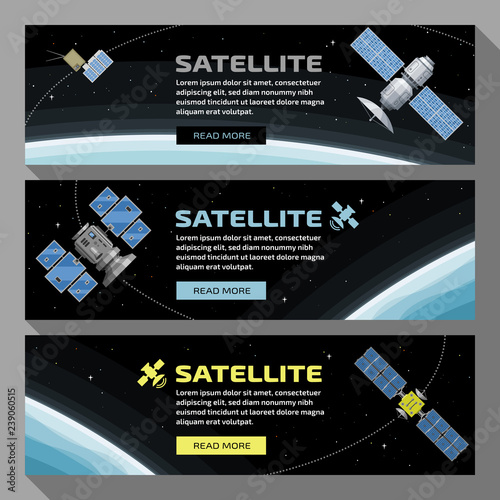  Set of horizontal black banners with satellite in space with earth and stars background. Universal template for a web site.