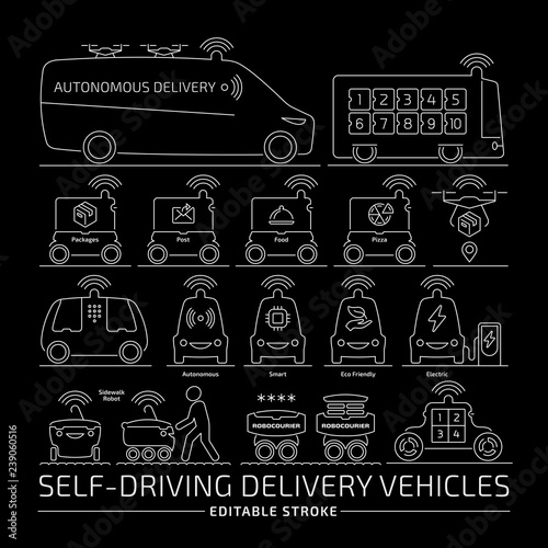 Self drive delivery robot vehicle line icon set on a black background. Future autonomous van, drone, sidewalk robocourier and truck car editing outline symbol.