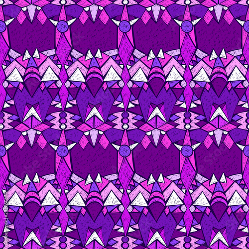 Tribal pattern. Aztec fabric. Mystical ornament. Surreal symbols print. Clothes or interior design. Boho fashion. Traditional homespun textile. Vector seamless pattern.