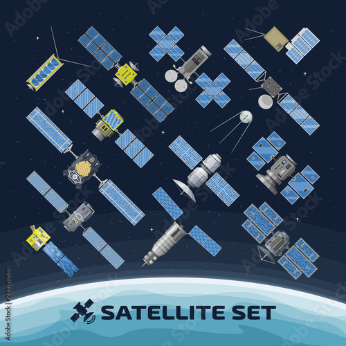  Flat vector isolated illustration of communication satellite on a space background. Wireless global net terchnology of telecom with icon set.