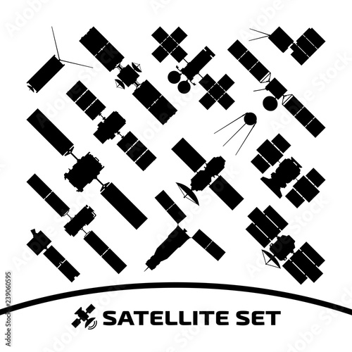 Vector isolated silhouette of connection and reconnaissance satellite with radar, solar panel and dish on a white background.