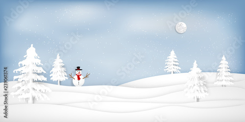Paper art , cut and digital craft style of Snow and winter season with snowman and christmas tree as merry christmas and happy new year concept. Vector illustration.