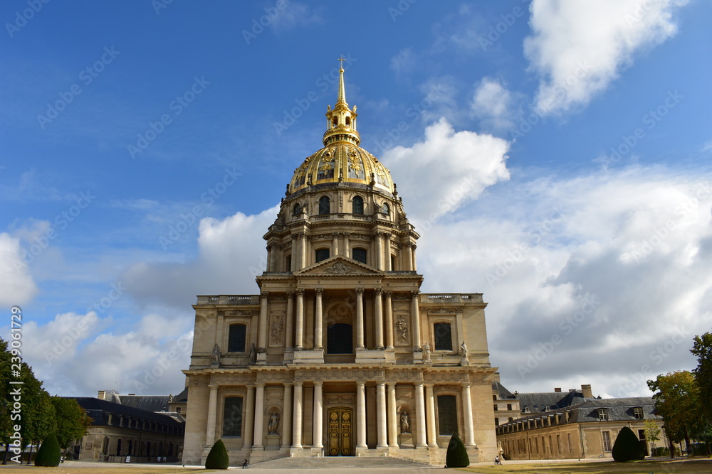 Invalides, Paris, France. Facade closeup, columns and golden dome. Tomb of Napoleon Bonaparte.