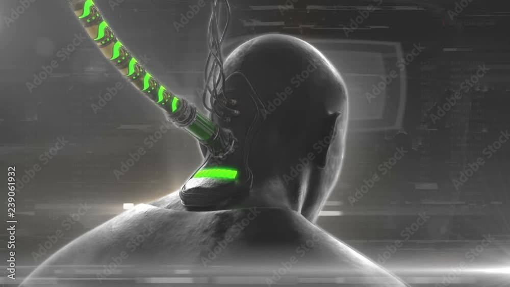 Plugged in. Human or cyborg connected to computer system, brain under ...