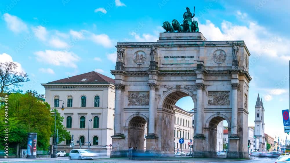 The Siegestor Victory Arch in Munich Germany at sunny day. Timelapse Hyperlapse footage view in 4K.