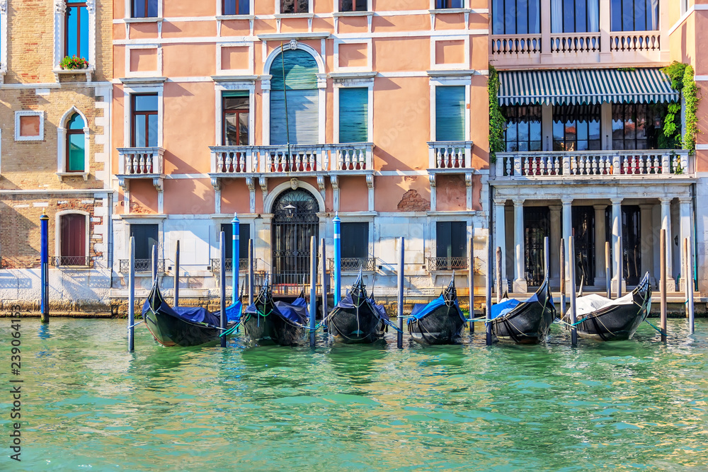 Gondolas moored on the Grand Canal of Venice, summer view