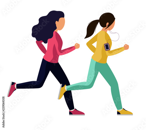 Young woman in sports clothes running. Two girls run a race, overtake each other. 