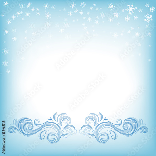Winter background with snowflakes and swirls. Template for Christmas card, invitation, advertisement.