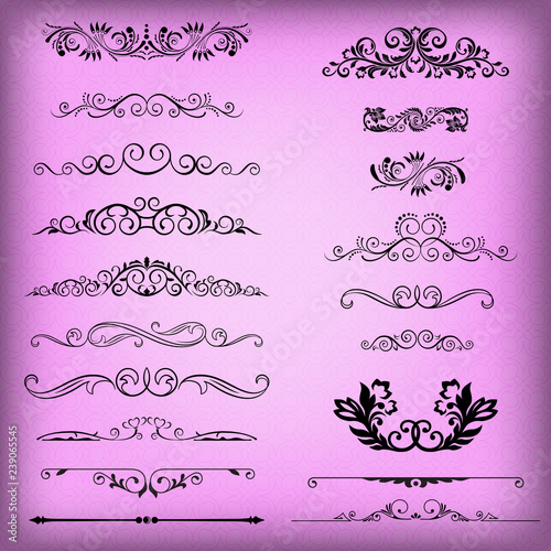 Set of text dividers, headers, elements for text decoration. Seamless decorative pattern used as a background. Swatch is included in EPS file.