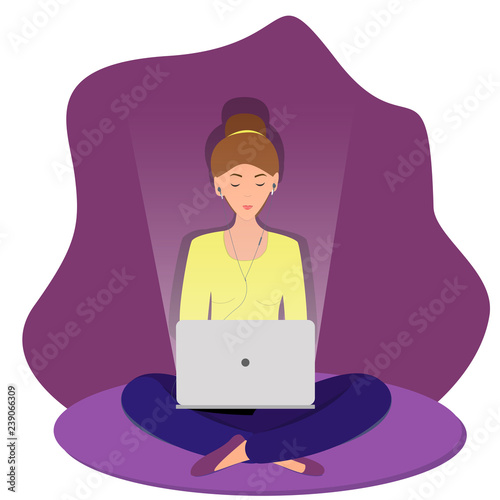 Freelancer working and typing on laptop. A woman is sitting on the floor with legs crossed and listening to music. Freelance concept. Vector illustration