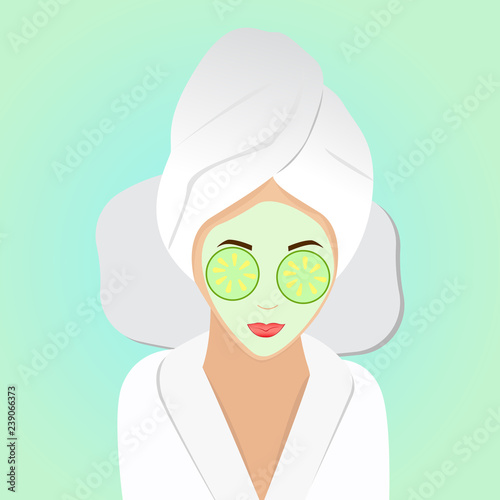 Beautiful woman on spa treatments with cucumber on eyes and green mask for perfect skin. Vector illustration