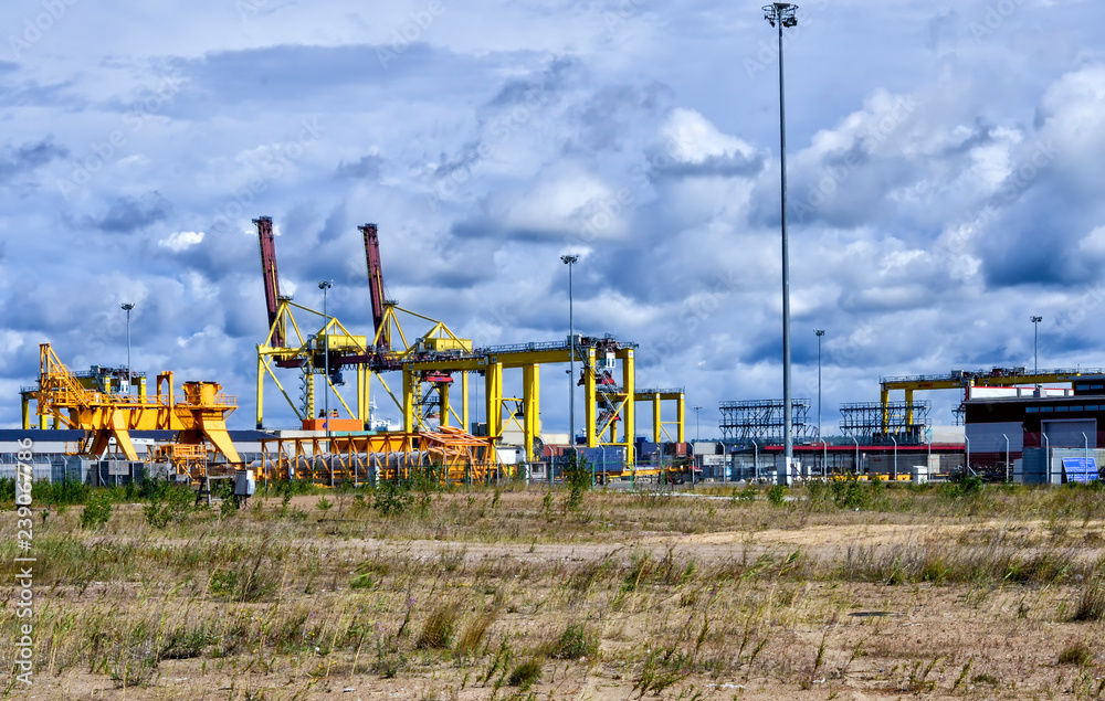 Handling equipment, containers, racks on the territory of the terminal.