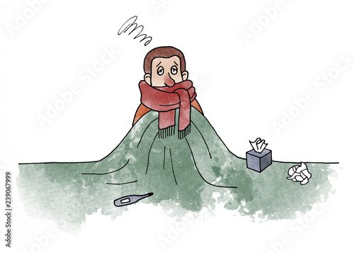 Cartoon sick person in bed with paper tissues and clinical thermometer