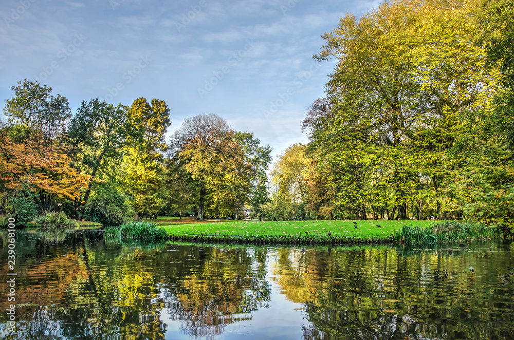 Trees in various colors, a blue sky, reflection in a mirror-like pond and a green lawn in the Park in Rotterdma on a sunny day in autumn