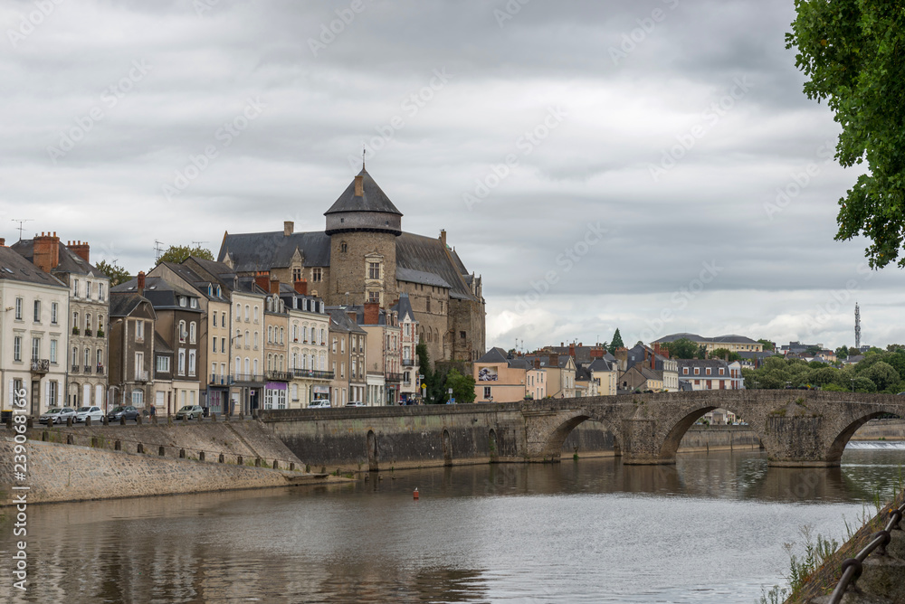 Medieval Château de Laval. Banks of the Mayenne river, City of Laval, Mayenne, Pays de Loire, France. August 5, 2018