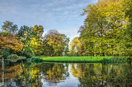 Trees in various colors, a blue sky, reflection in a mirror-like pond and a green lawn in the Park in Rotterdma on a sunny day in autumn