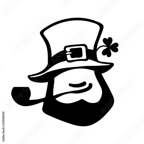 Leprechaun face icon with hat, pipe, and clover.Saint Patricks Day logo. Hand drawn black vector illustration isolated on white.