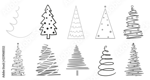 Christmas trees on white. Set for icons on isolated background. Objects for polygraphy, posters, t-shirts and textiles. Black and white illustration