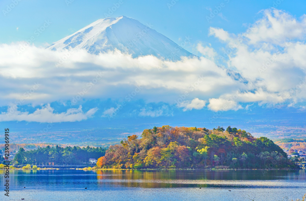 View of the Mount Fuji from Lake Kawaguchi in autumn in Japan.