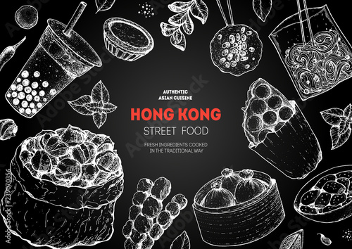 Hong kong street food frame. Chinese food menu design template. Vintage hand drawn sketch, vector illustration. Engraved style illustration. Asian street food sketch.