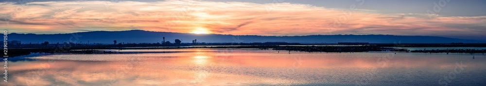Sunset views of the tidal marshes of Alviso, Don Edwards San Francisco Bay National Wildlife Refuge, San Jose, California