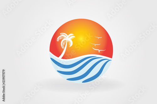 Sun,palm tree and wavy beach logo vector