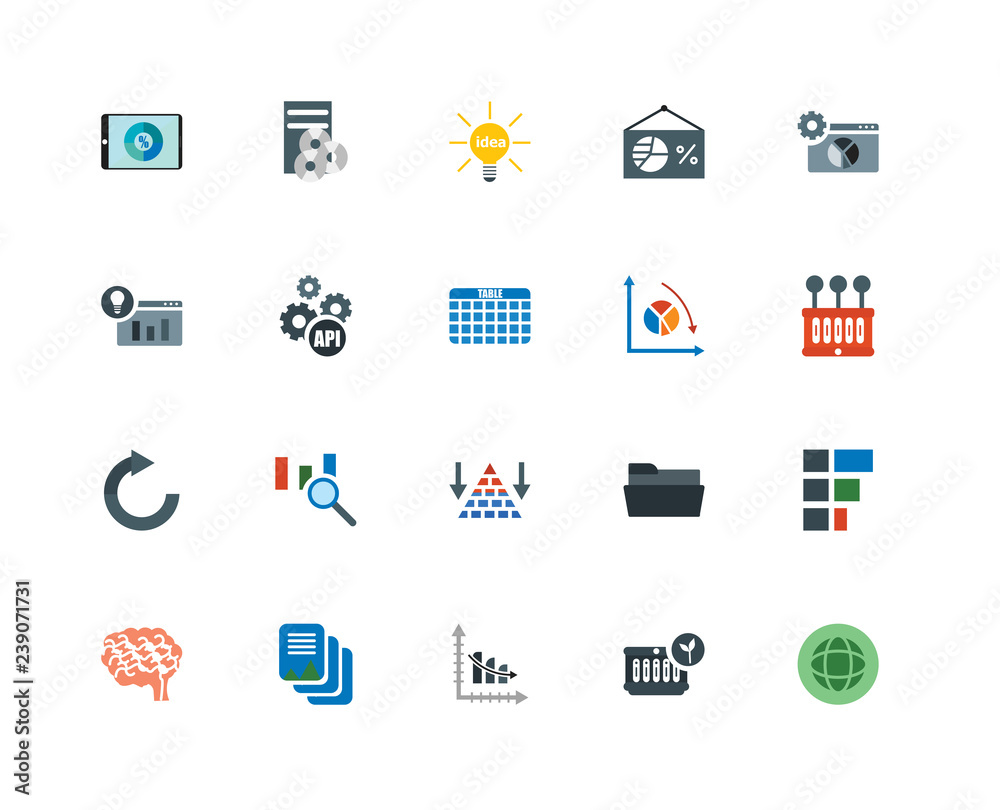 20 icons related to Worldwide, Server, Bar chart, File, Brain, Analytics, Pyramid Reverse, Api, Idea signs. Vector illustration isolated on white background.