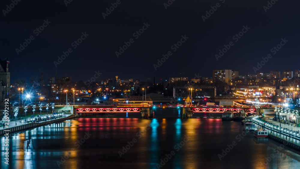 CITY AT NIGHT - Ship on the river, boulevards and landscape of Szczecin in the night illumination