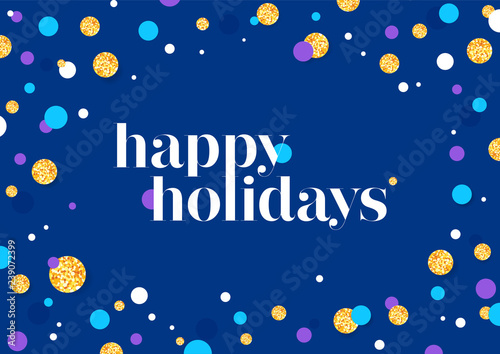 Horizontal blue holiday background with color graphic elements and inscription. 