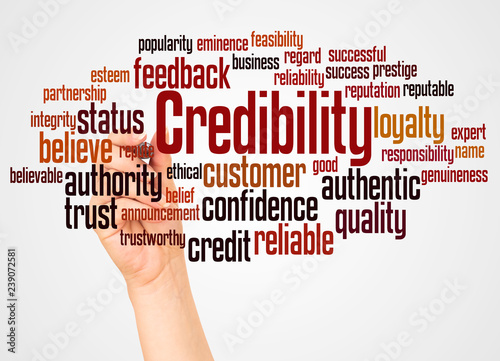 Credibility word cloud and hand with marker concept photo
