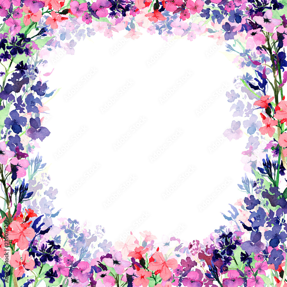 Hand drawn watercolor square frame with meadow small pink, blue and violet flowers and translucent flower layer on white background. Design for cards, invitations, flyers. Hand drawn watercolor square frame with meadow small pink, blue and violet flowers and translucent flower layer on white background. Design for cards, invitations, flyers.
