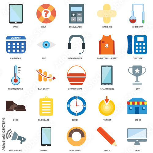 25 icons related to Imac, Pencil, Doughnut, Iphone, Megaphone, Youtube, Smartphone, Clock, Shoe, Calendar, Calculator, Help signs. Vector illustration isolated on white background.