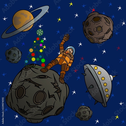 Astronaut decorated the Christmas tree and celebrates Christmas.