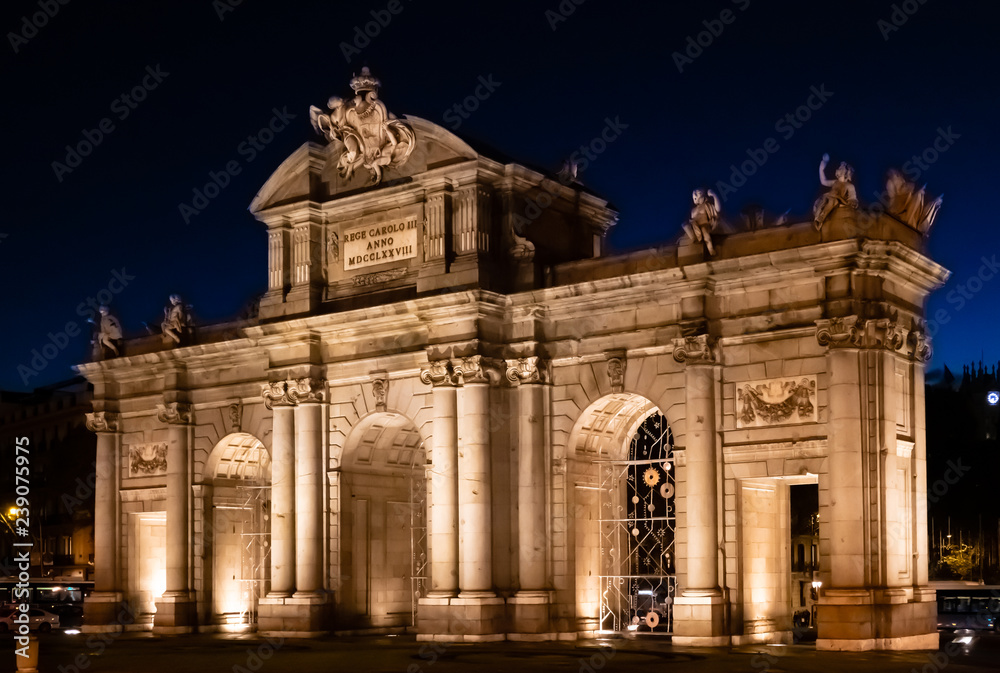 The Puerta de Alcala,  a Neo-classical monument in Madrid, Spain. It is regarded as the first modern post-Roman triumphal arch built in Europe