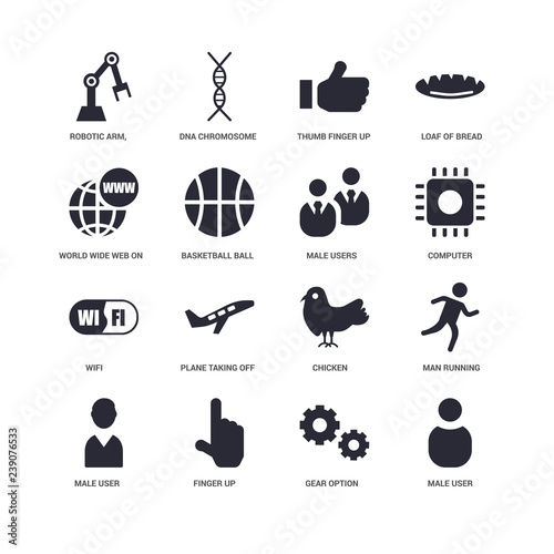 16 icons related to Male user, Basketball ball with line, Robotic arm, , undefined, Man running, Plane taking off, DNA chromosome signs. Vector illustration isolated on white background.