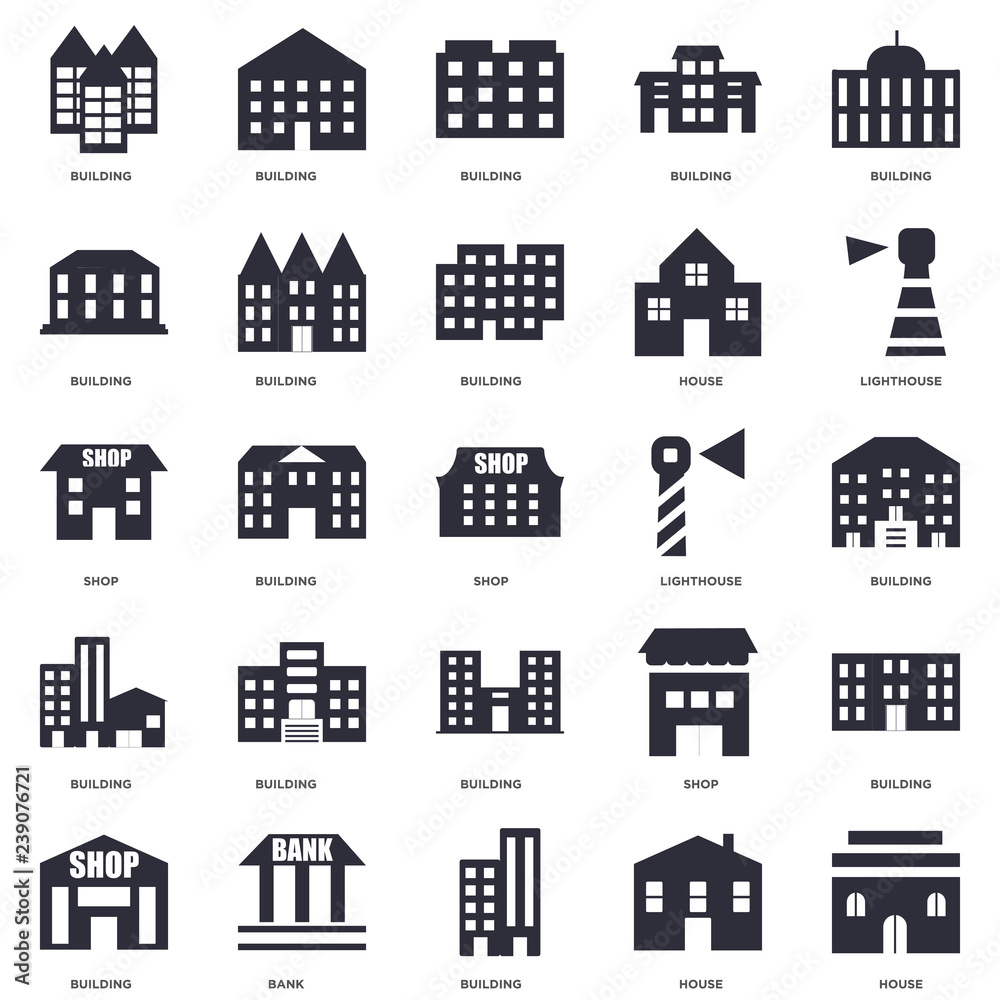 25 icons related to House, Building, Bank, Lighthouse, Building signs. Vector illustration isolated on white background.