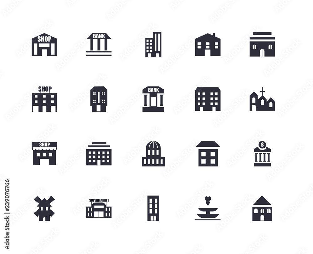 20 icons related to House, Fountain, Building, Supermarket, Windmill, Capitol, Shop, Building signs. Vector illustration isolated on white background.