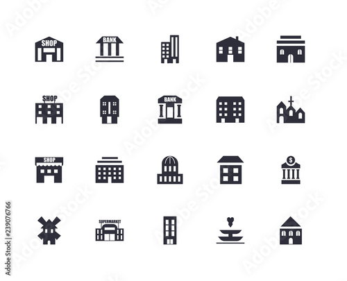 20 icons related to House, Fountain, Building, Supermarket, Windmill, Capitol, Shop, Building signs. Vector illustration isolated on white background.
