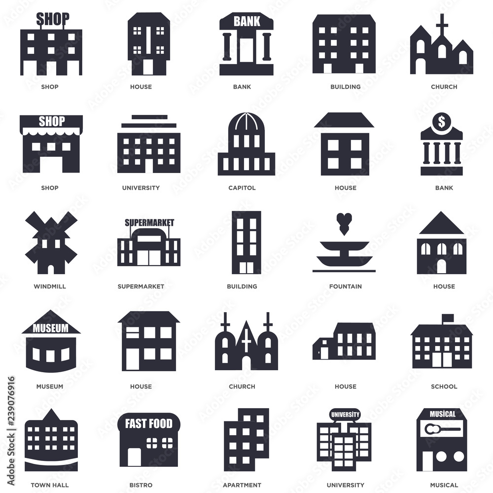 25 icons related to Musical, University, Apartment, Bistro, Town hall, Bank, Fountain, Church, Museum, Shop, House signs. Vector illustration isolated on white background.