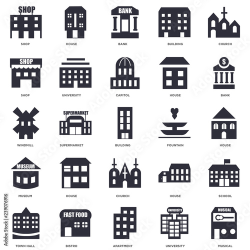 25 icons related to Musical, University, Apartment, Bistro, Town hall, Bank, Fountain, Church, Museum, Shop, House signs. Vector illustration isolated on white background.