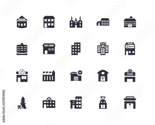 20 icons related to Car wash, Shop, House, Motel, Lighthouse, School, University, Ambulance, Music, Bistro, Church signs. Vector illustration isolated on white background.